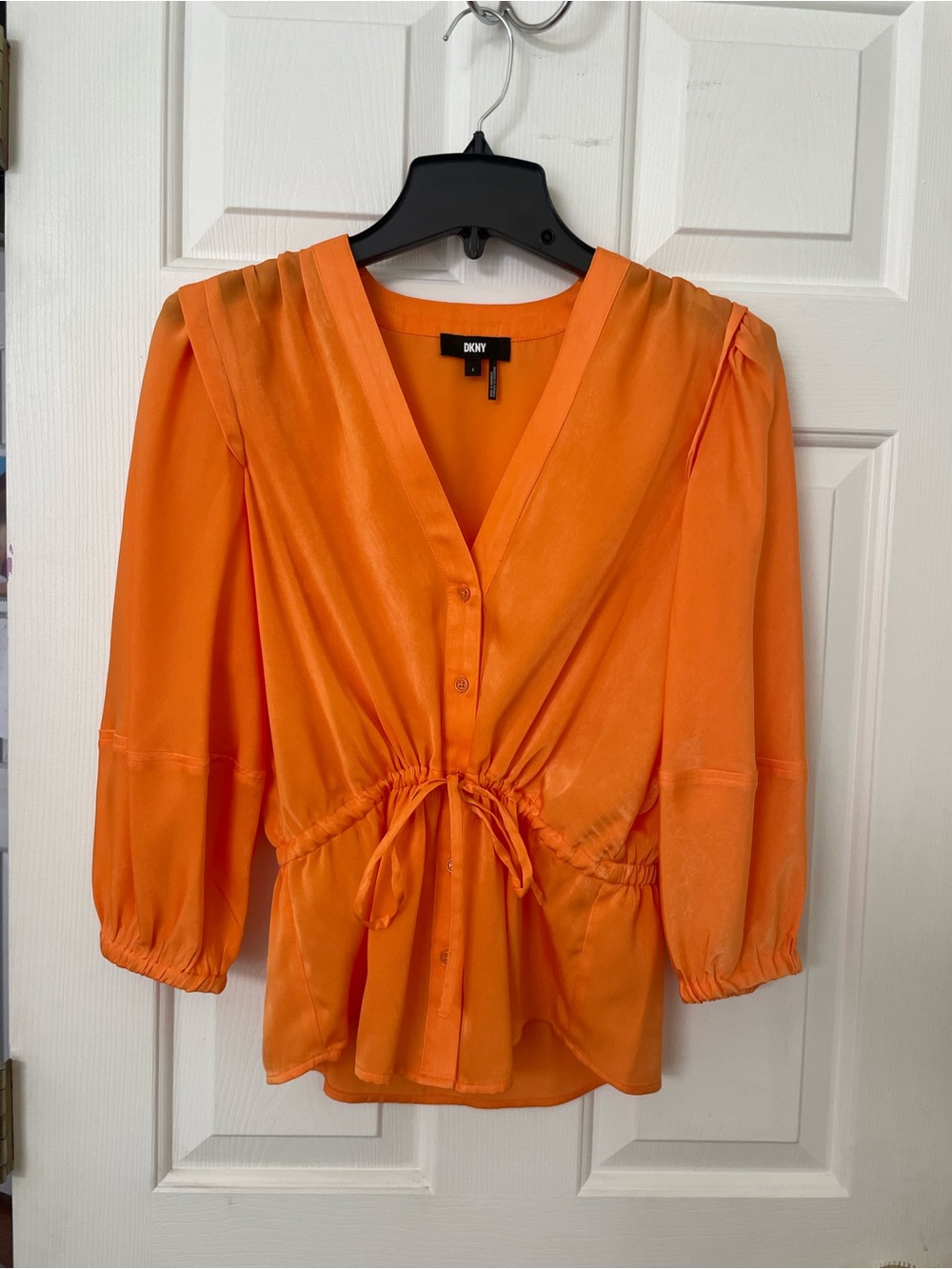 DKNY Bright Orange V-Neck Drawstring Blouse